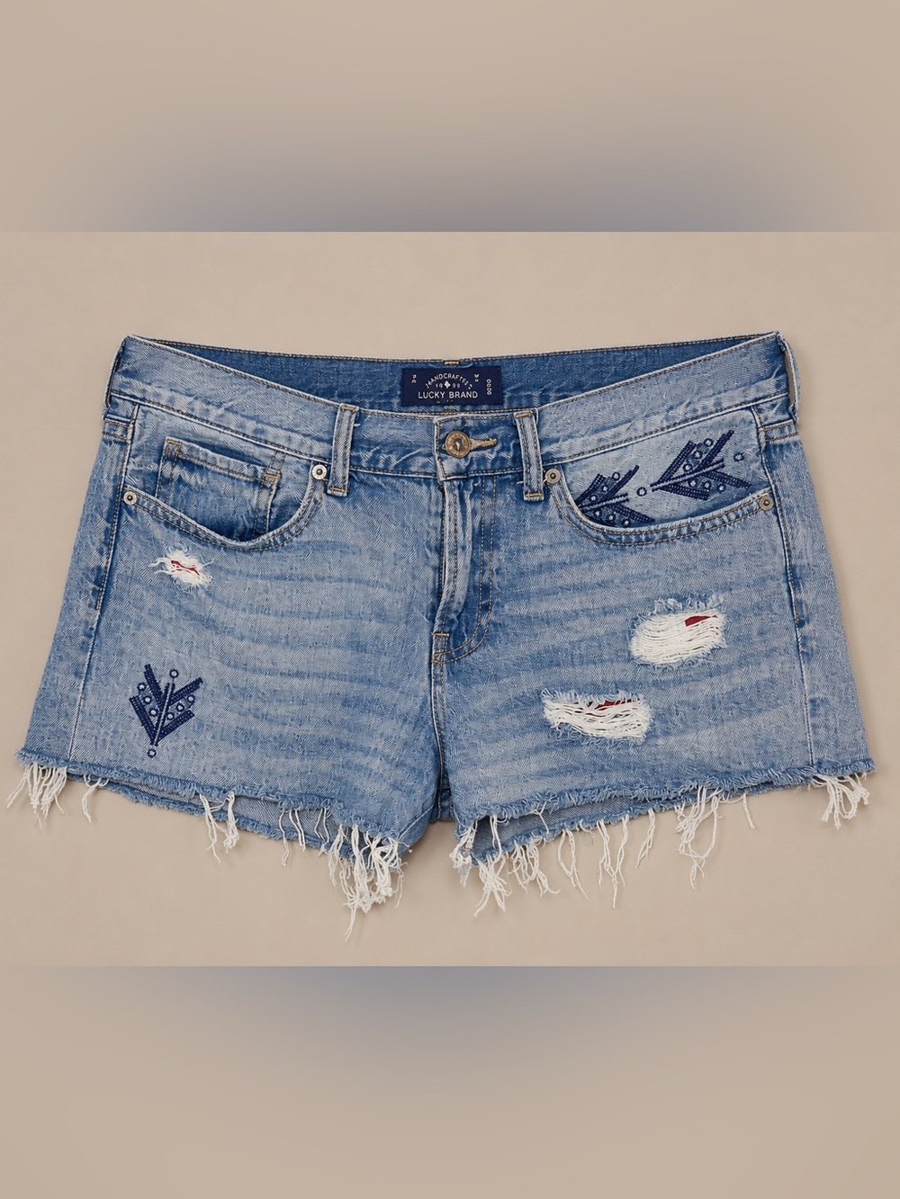 Lucky Brand The Cut-Off Embroidered Distressed Denim Shorts Boho Raw Hem Size 30